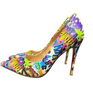 Liliana Artsy Graffiti Graphic Print Heels Women’s Size 8 Colorful Stilettos